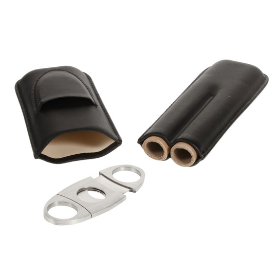 Genuine Leather Crushproof 2-Piece Cigar Case with Stainless Steel Cutter - Black