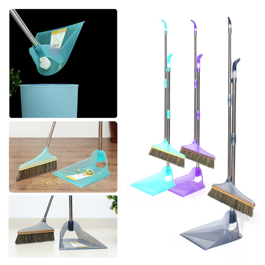 Patented Design Long Handle Broom + Back Dump Dustpan Combo (2 Kits, Two Colors)