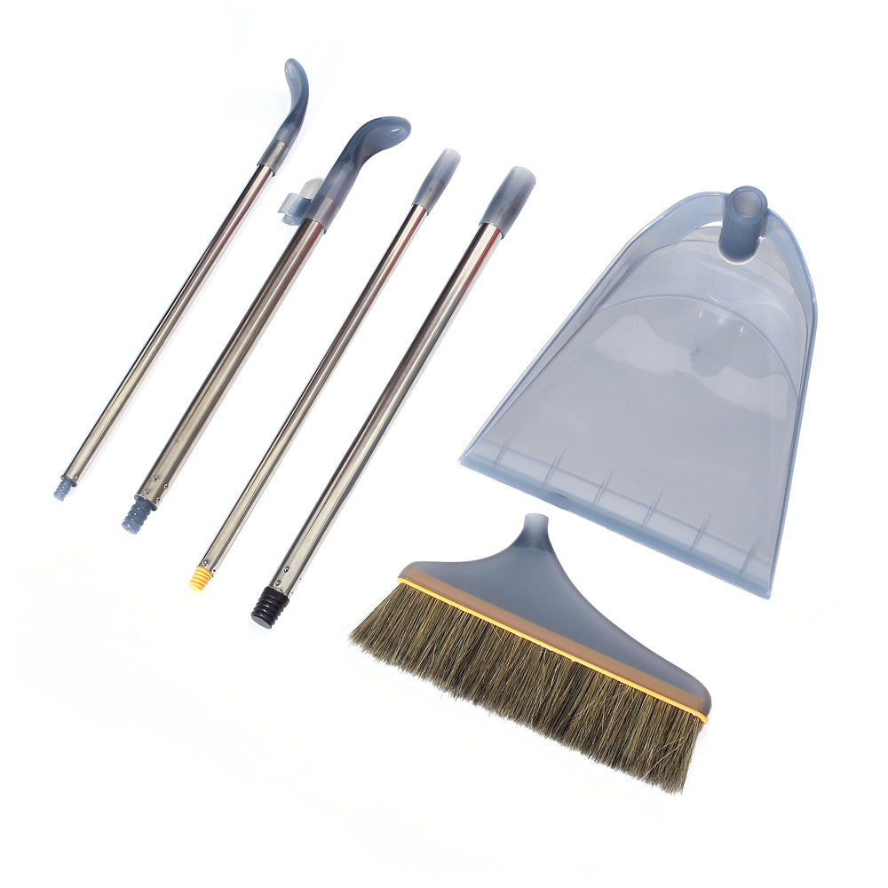 Patented Design Long Handle Broom + Back Dump Dustpan Combo (2 Kits, Two Colors)