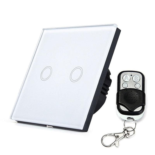 86mm 2 Gang Tempered Glass Panel Wall Switch Smart Home Light Touch Switch with RF433 Remote Controller, AC 110V-240V (White)