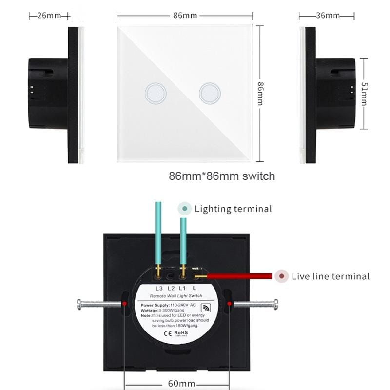 D6-02 86mm Wall Touch Switch, Tempered Glass Panel, 2 Gang 1 Way, EU / UK Standard (White)
