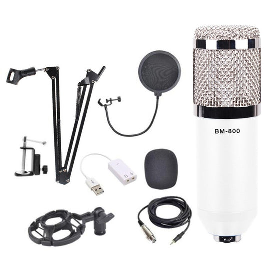 Condenser Microphone Audio Professional Kit Studio Recording Set with Stand - White