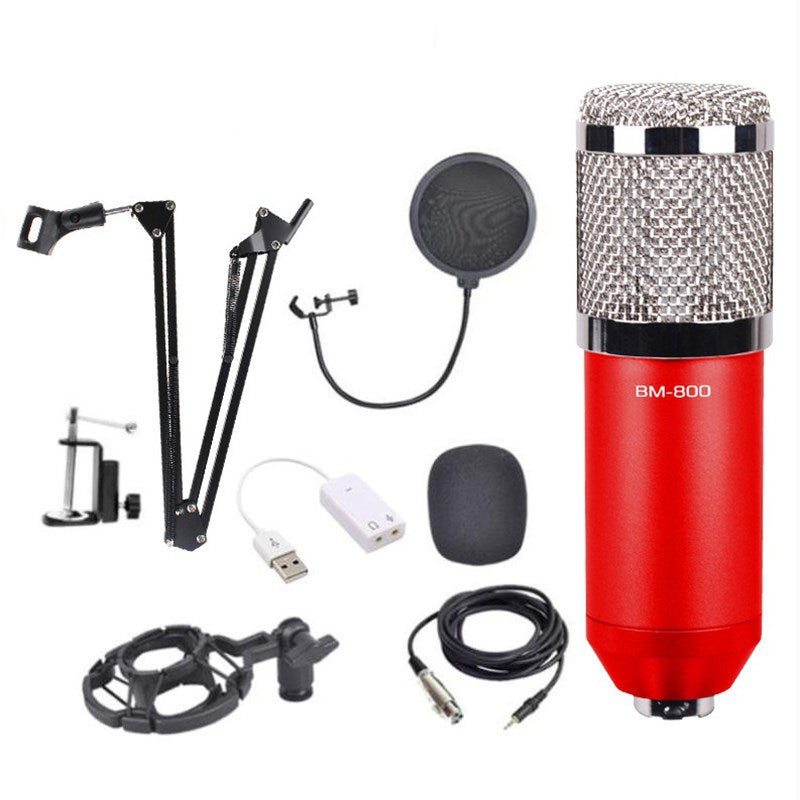 Condenser Microphone Audio Professional Kit Studio Recording Set with Stand - Red