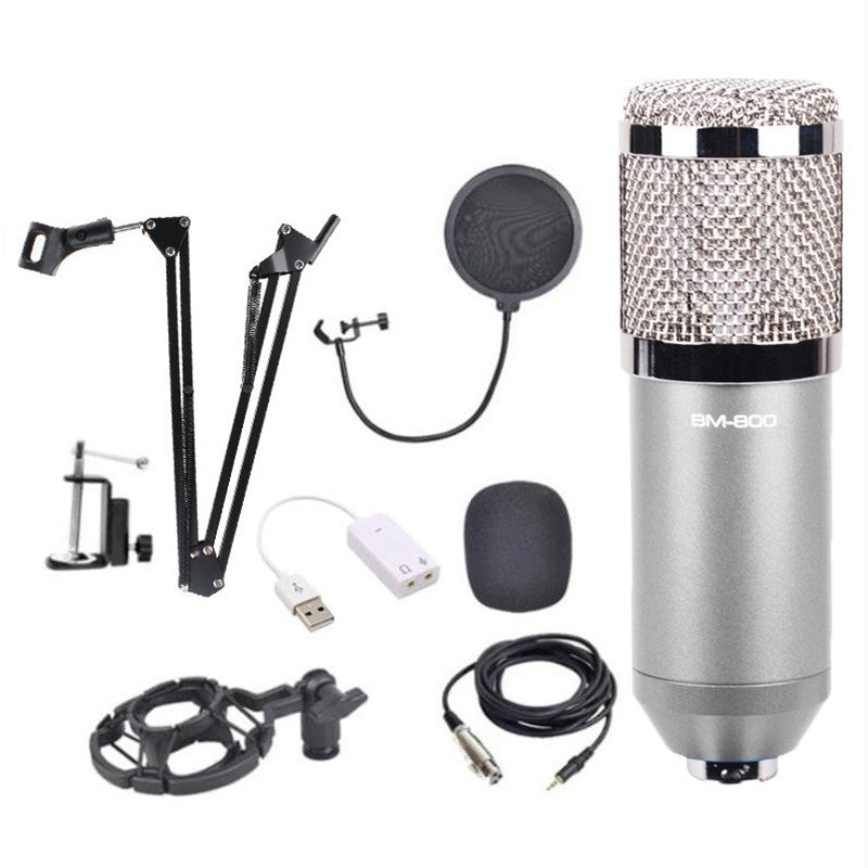 Condenser Microphone Audio Professional Kit Studio Recording Set with Stand - Grey