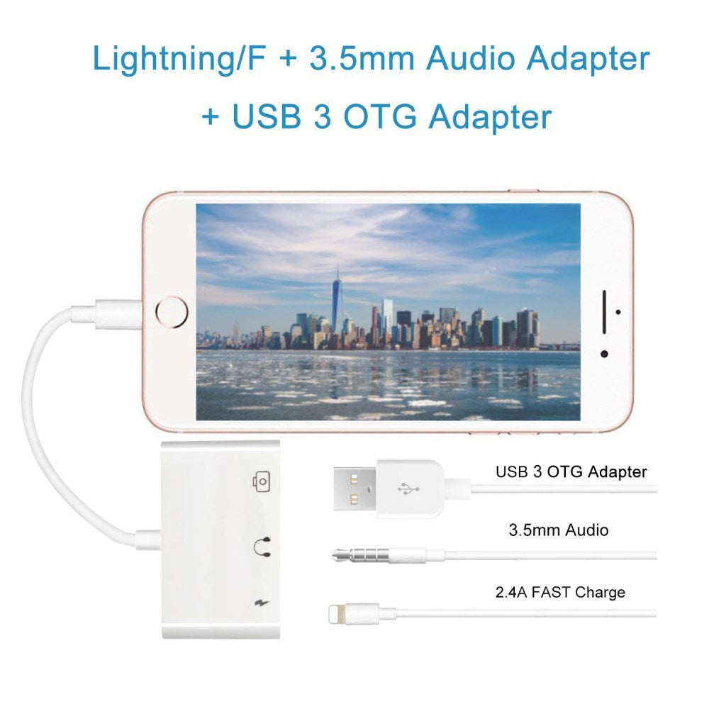 3-In-1 Adapter For Lightning To Audio USB 3.0/2.0 Digital Camera Reader OTG Adapter With Charging Interface