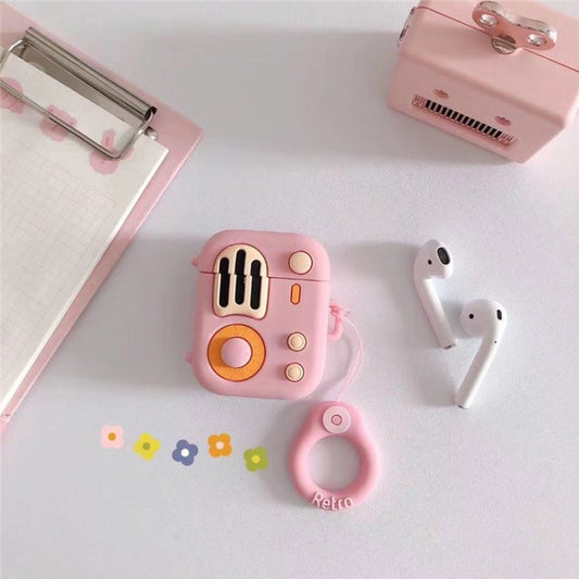 Uniqkart for Apple Airpods 1/2 Silicone Case Retro Radio Wireless Earphones Protector - Pink