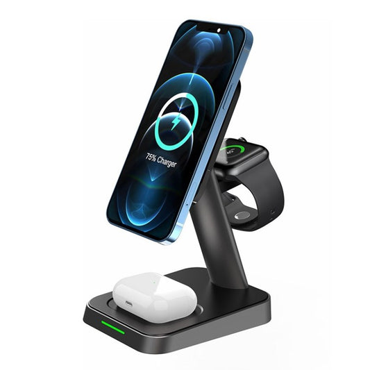 W68 3 in 1 Smartwatch Charging Station Wireless Phone Charger 15W QC Charging for Phones Airpods Apple Watch - Black