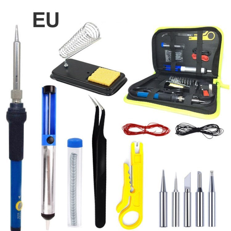 60W Adjustable Temperature Soldering Iron Kit, Tweezers Soldering Iron Stand Tips Set for Electronics Repair - 15 in 1/EU Plug