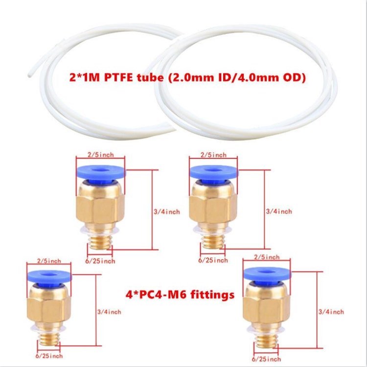 1m PTFE Tube with Pneumatic Bowden Connectors PC4-M6 for 3D Printer Parts - 2 Sets