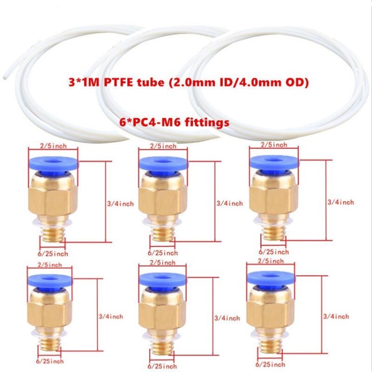 1m PTFE Tube with Pneumatic Bowden Connectors PC4-M6 for 3D Printer Parts - 3 Sets