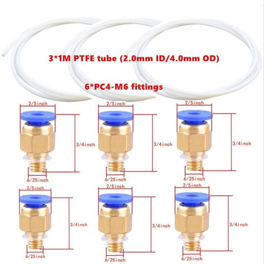 1m PTFE Tube with Pneumatic Bowden Connectors PC4-M6 for 3D Printer Parts - 3 Sets