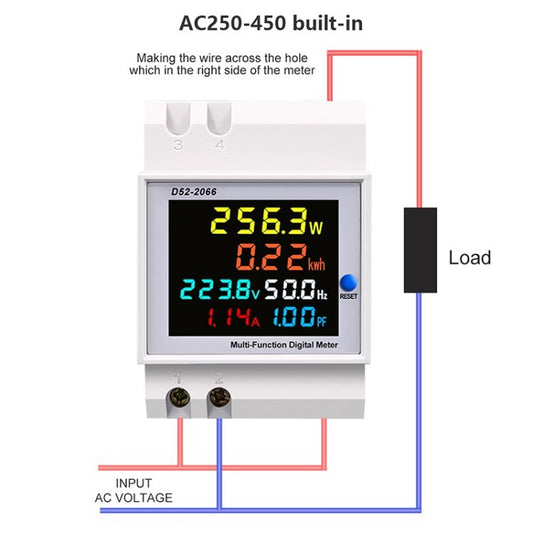 D52-2066 Energy Meter 6-in-1 Din Rail AC Monitor 110V 220V 380V 100A Voltage Current Power Factor  KWH Electric Energy Frequency Meter VOLT AMP - AC 250/450V 100A