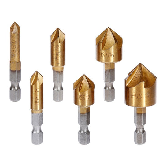 6Pcs 1/4 6mm-19mm Hex Shank HSS 5 Flute Countersink Drill Bit Set