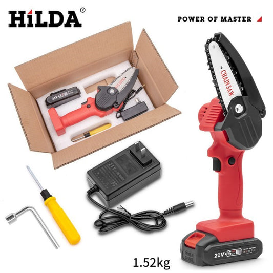Hilda Electric Chainsaw Cordless Handheld Chainsaw 21V Lithium Battery Powered Wood Cutter for Gardening Tree Branch Wood Cutting - B Set / Red