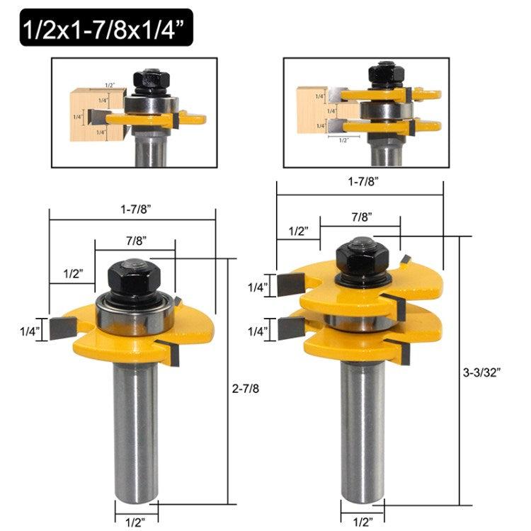 2Pcs Woodworking Router Bit Set 3-Teeth Wood Groove Milling Cutter Tool - 1 / 2in Shank