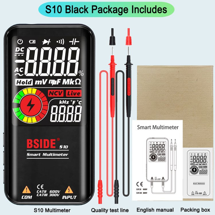 Bside Digital Multimeter 9999 Counts Auto Range Ohmmeter Smart DC AC Voltage Capacitor Resistance Diode NCV Hz Tester Detector - S10 / Black