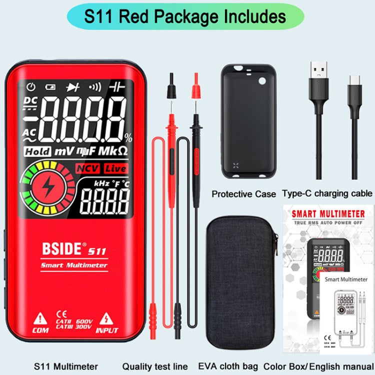Bside Digital Multimeter 9999 Counts Auto Range Ohmmeter Smart DC AC Voltage Capacitor Resistance Diode NCV Hz Tester Detector - S11 / Red