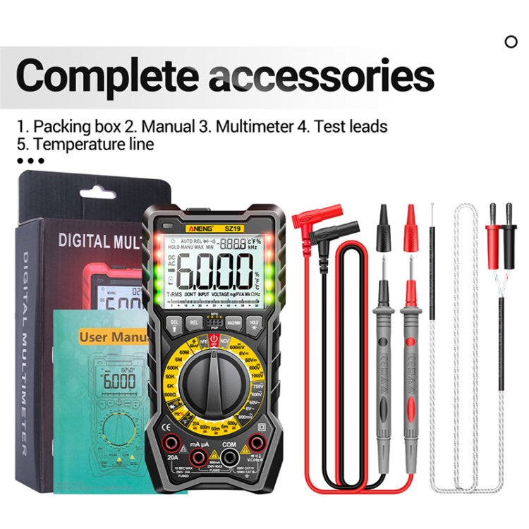 Aneng SZ19 Digital Multimeter Tester Fast Accurately Measures 6000 Counts DC / AC Voltage Capacitance Ohm Diode Tester Meter - Black