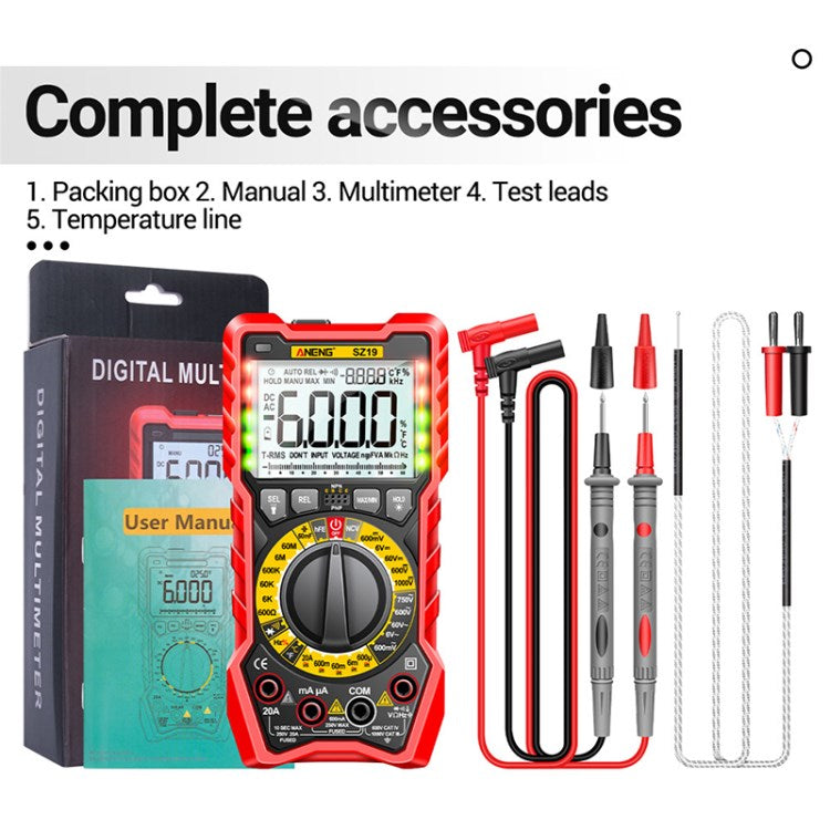 Aneng SZ19 Digital Multimeter Tester Fast Accurately Measures 6000 Counts DC / AC Voltage Capacitance Ohm Diode Tester Meter - Red