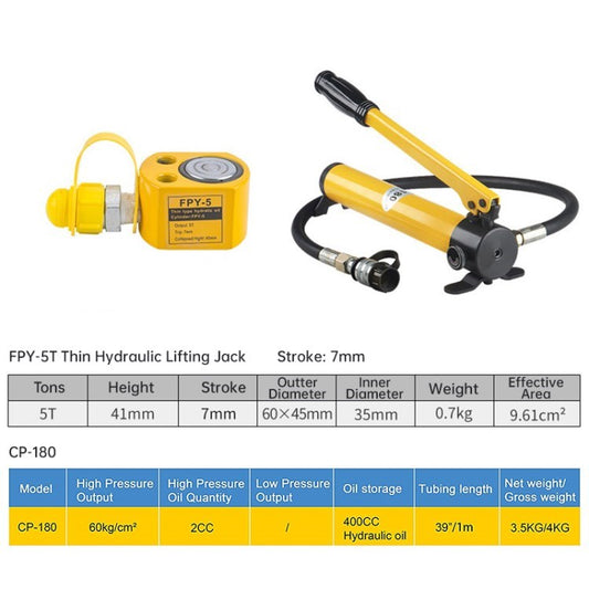 5T Thin-Type Hydraulic Cylinder Lifting Jack with CP-180 Hydraulic Manual Pump - Yellow