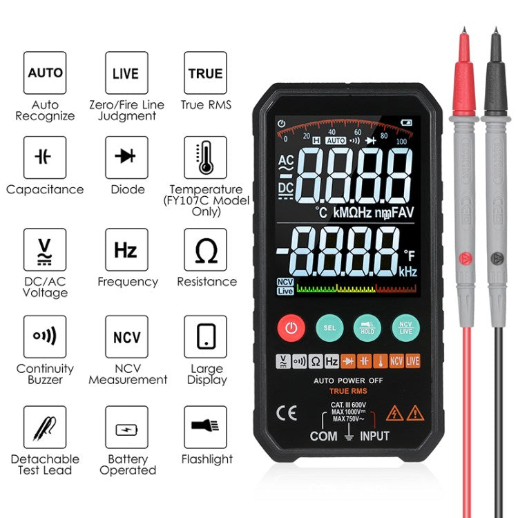 FY107 Digital Multimeter 6000 Counts RMS AC DC NCV Transistor Capacitor Voltage Meter - FY107B