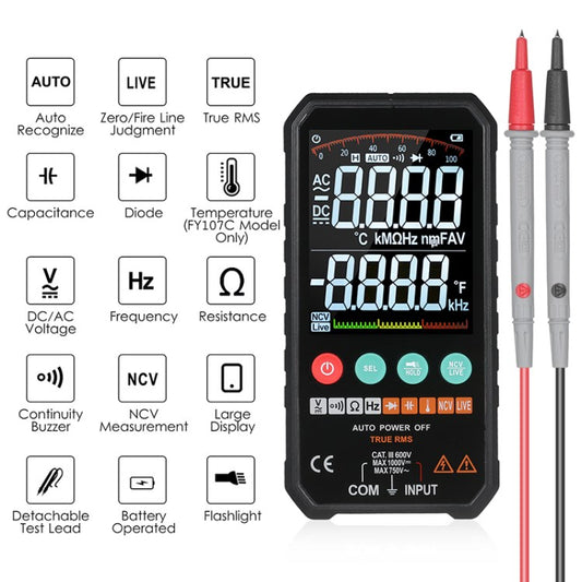 FY107 Digital Multimeter 6000 Counts RMS AC DC NCV Transistor Capacitor Temperature Voltage Meter - FY107C