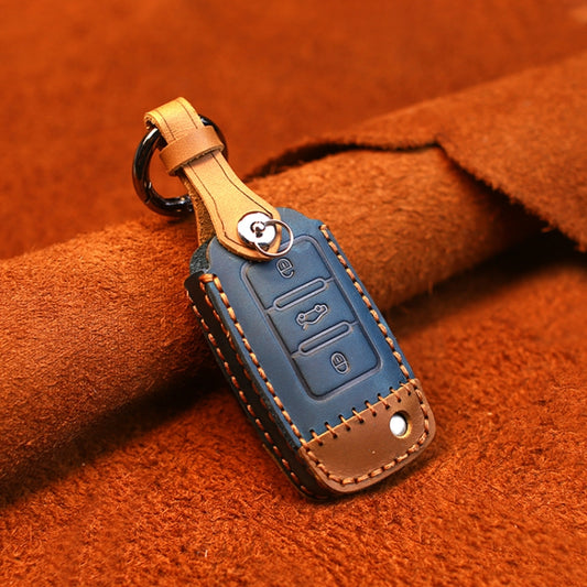 For Volkswagen Car Cowhide Leather Key Protective Cover Key Case, D Version(Blue)