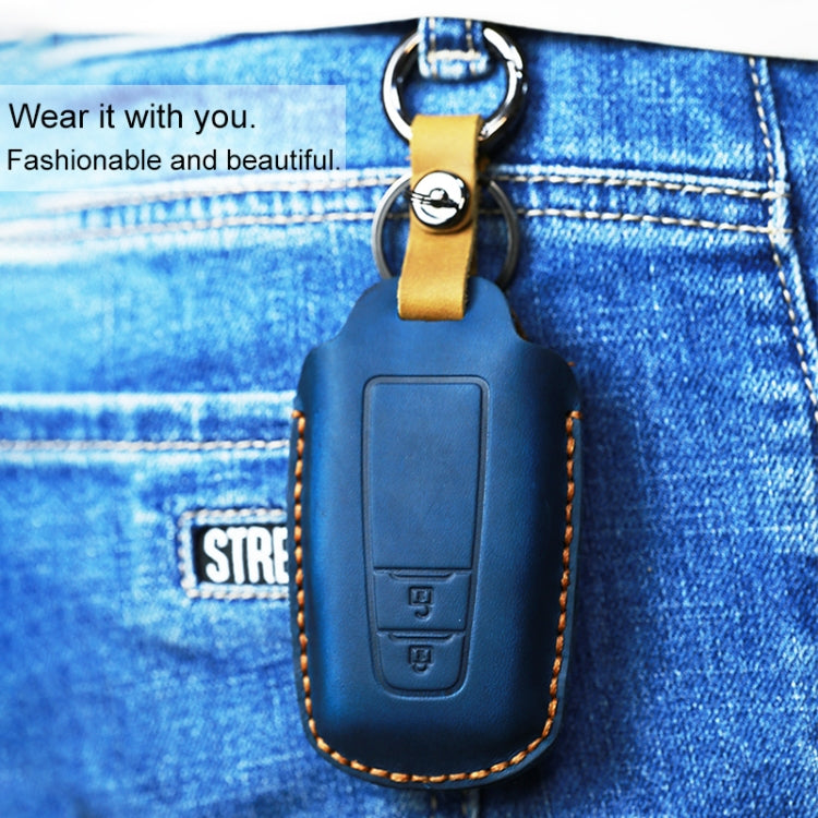 For Toyota Car Cowhide Leather Key Protective Cover Key Case, Two Keys Version (Blue)
