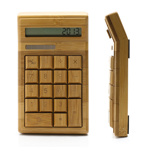 Tilt Head Handcrafted 18 Key Natural Bamboo Wooden Solar Power Calculator