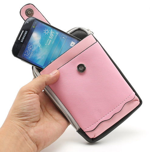 Zipper Around Three Slots Wallet Phone Pouch Bag for Samsung Galaxy S4 i9500 S III I9300 Mega 5.8 I9150 iPhone SE 5s 5 5c - Pink