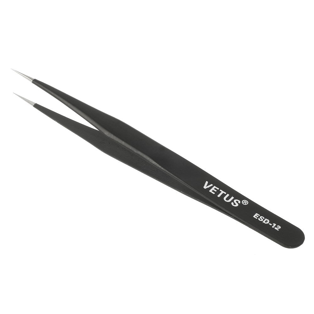 VETUS ESD-12 Anti-Static Stainless Steel Fine Tip Straight Tweezer Repair Tool, Length: 135mm