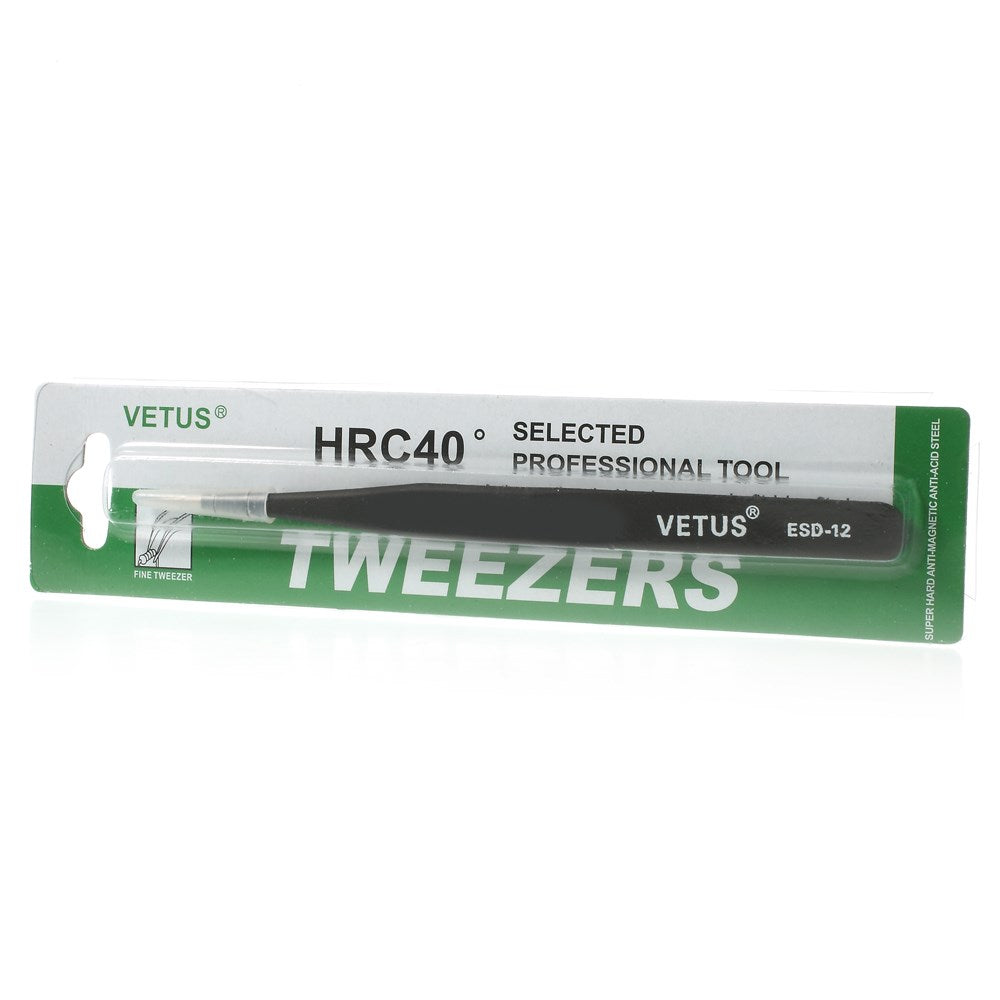 VETUS ESD-12 Anti-Static Stainless Steel Fine Tip Straight Tweezer Repair Tool, Length: 135mm