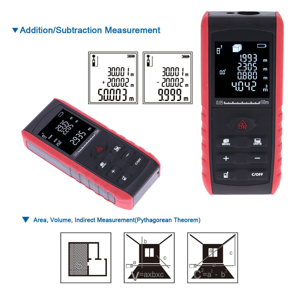 Portable Digital Laser Distance Meter Handheld Range Finder Area Volume Measurement - 60m