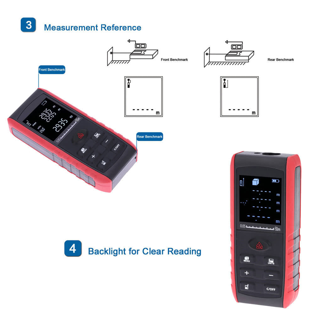Portable Digital Laser Distance Meter Handheld Range Finder Area Volume Measurement - 60m
