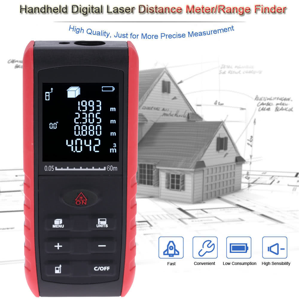 Portable Digital Laser Distance Meter Handheld Range Finder Area Volume Measurement - 60m