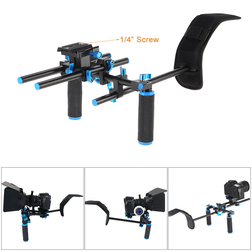 Aluminum Alloy Video Shoulder Mount Stablizer with 1/4inch Screw Mount Slider 15mm Rod Double-hand Handgrip Set C-shaped Holder for DSLR Camera Camcorder