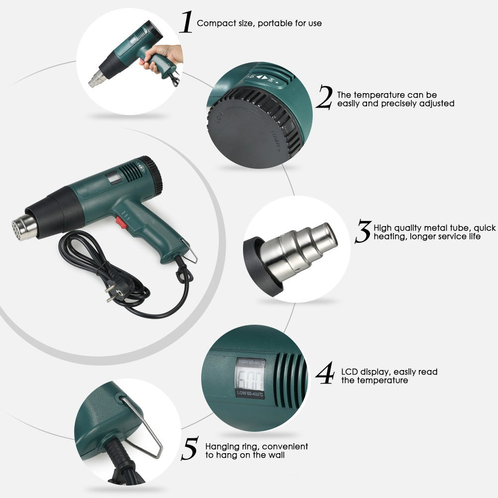 LCD Digital Temperature-controlled Electric Hot Air Gun Heat Gun Tool Set with 4pcs Nozzles 1800W AC110V - EU Plug
