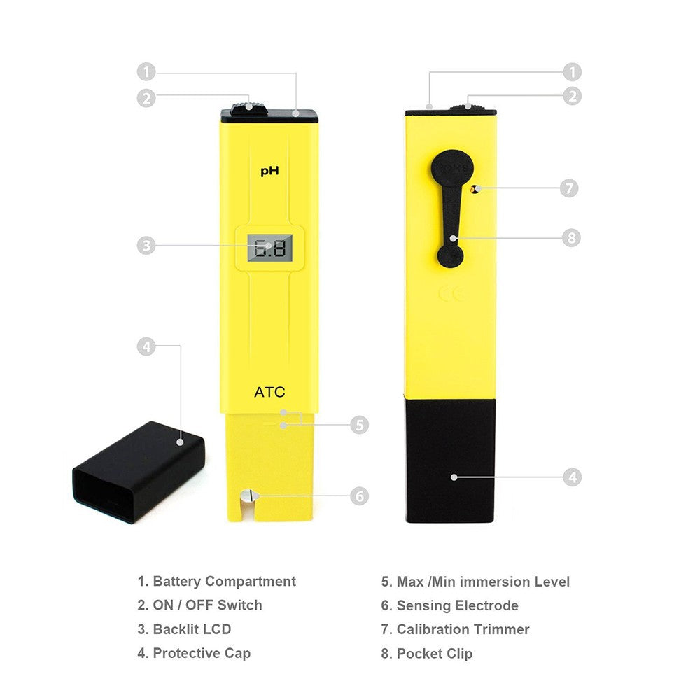 Digital LCD PH Test Pen Portable Auto Temp Compensation pH Meter Aquarium Water Quality Tester - Yellow