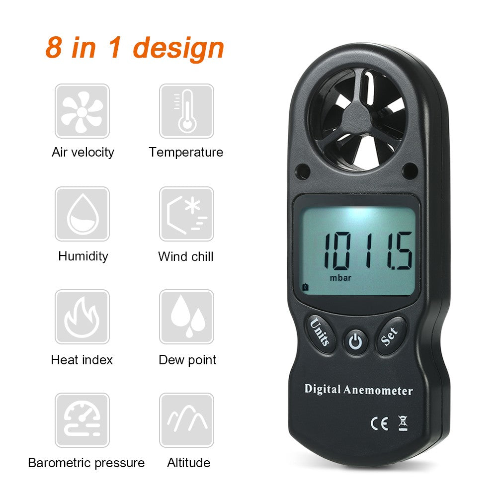 8 in 1 Handheld Digital Anemometer with LCD Backlight - Black