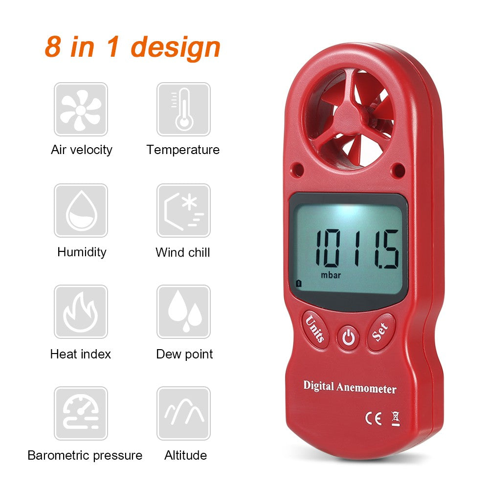 8 in 1 Handheld Digital Anemometer with LCD Backlight - Red