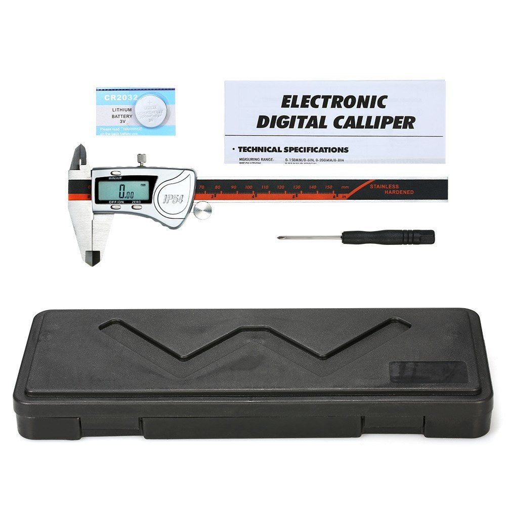 Digital Caliper Stainless Steel IP54 Waterproof 150mm Scales Callipers 1/64 Fraction/mm/inch High Precision LCD Display Vernier Caliper