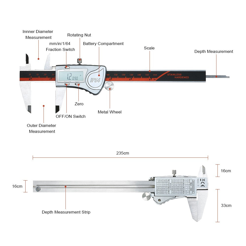 Digital Caliper Stainless Steel IP54 Waterproof 150mm Scales Callipers 1/64 Fraction/mm/inch High Precision LCD Display Vernier Caliper