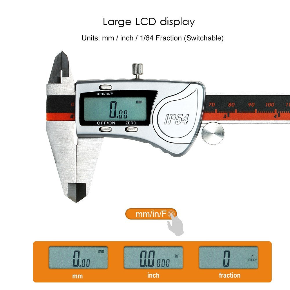 Digital Caliper Stainless Steel IP54 Waterproof 150mm Scales Callipers 1/64 Fraction/mm/inch High Precision LCD Display Vernier Caliper