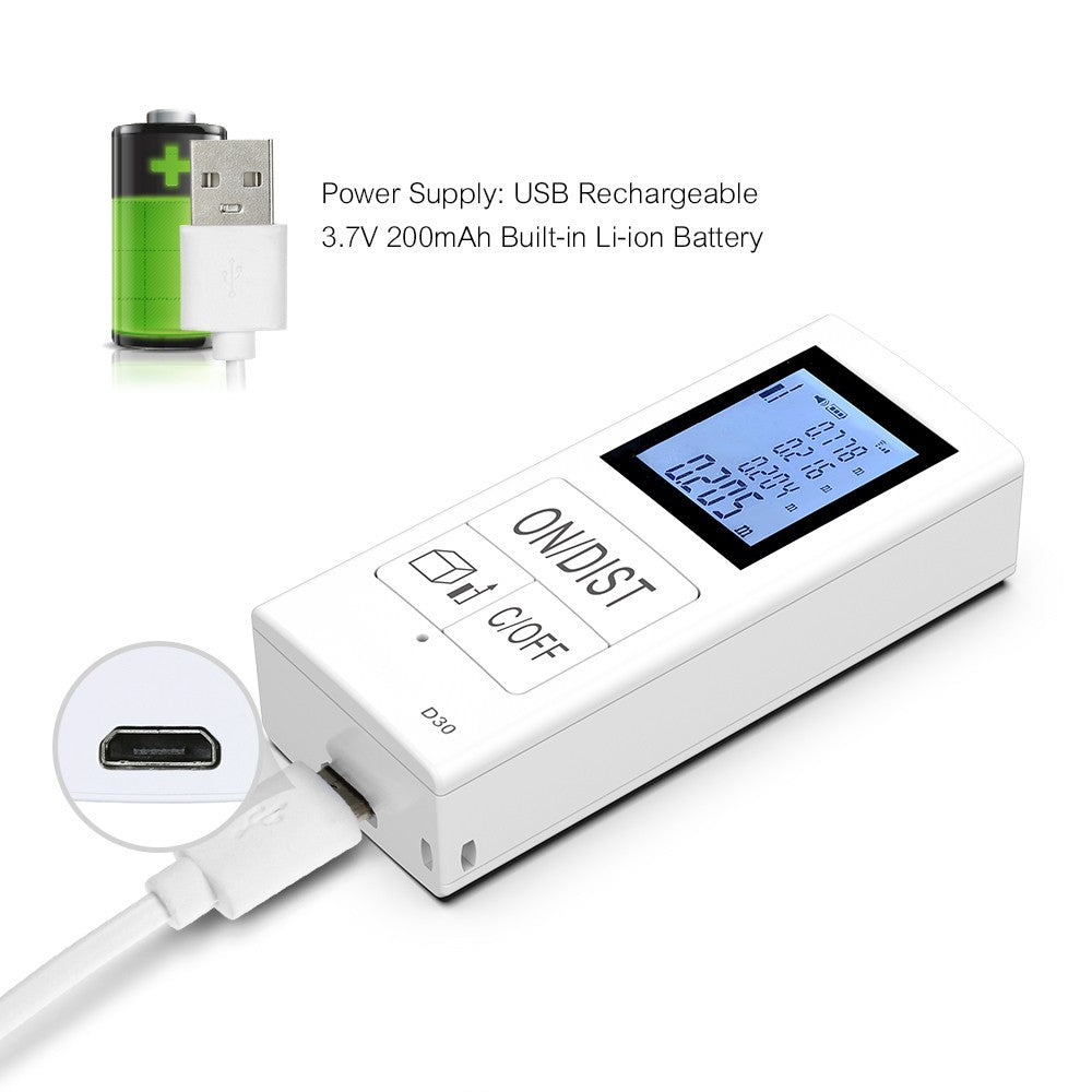 Mini Handheld Laser Distance Meter Digital USB Rechargeable Portable Range Finder Measurement 30m