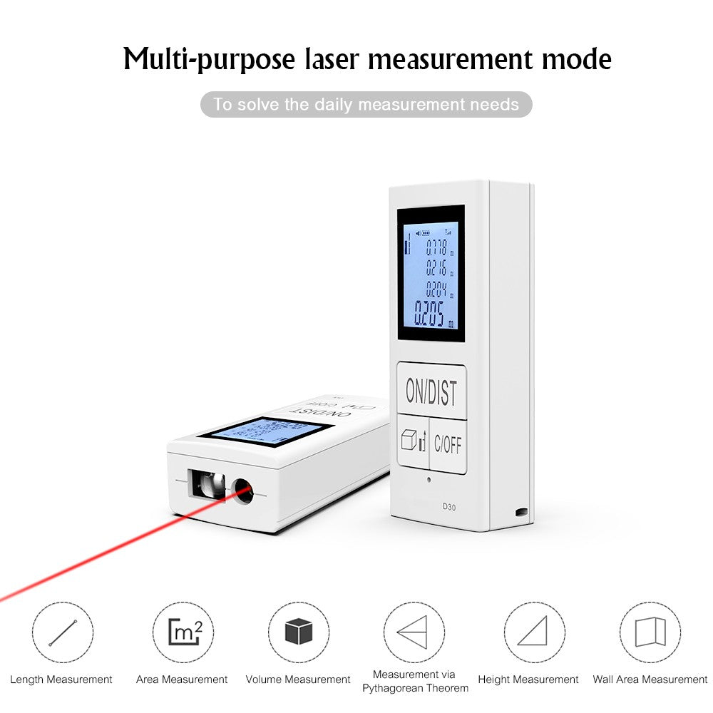 Mini Handheld Laser Distance Meter Digital USB Rechargeable Portable Range Finder Measurement 30m