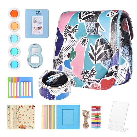 8-in-1 Accessories Kit for Fujifilm Instax Mini 8/8+/8s/9 [Camera Case/Strap/Selfie Mirror/Filter/Album/Photo Frame/Photo Sticker] - Catoon Leaves