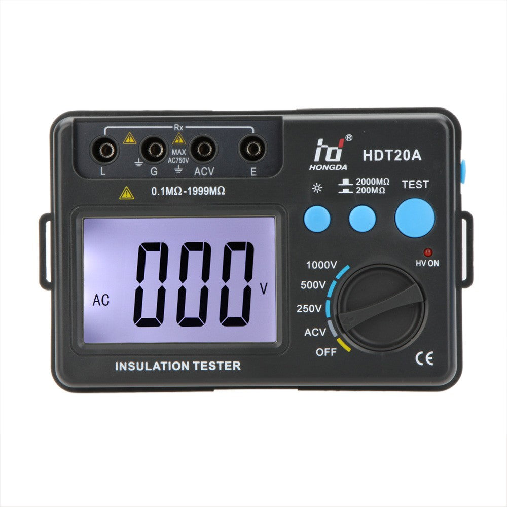 HD HDT20A Insluation Resistance Tester Meter Megohmmeter Voltmeter 1000V LCD Backlight - Grey