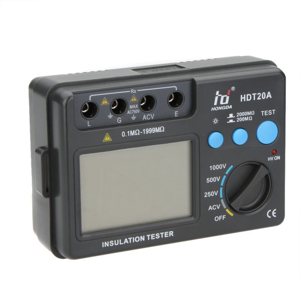 HD HDT20A Insluation Resistance Tester Meter Megohmmeter Voltmeter 1000V LCD Backlight - Grey