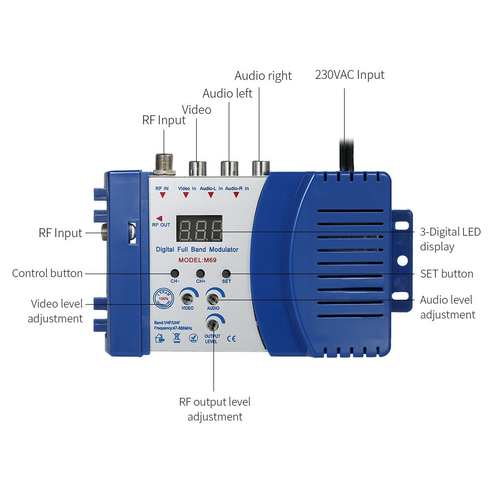 Digital RF Modulator TV Link Modulator AC120V RCA Compact RF Modulator Converter IR Extender VHF UHF Signal Amplifier - EU Plug/Blue