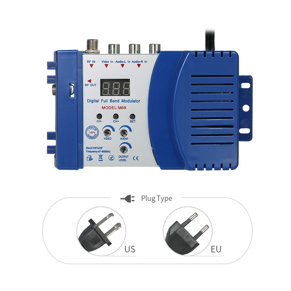 Digital RF Modulator TV Link Modulator AC120V RCA Compact RF Modulator Converter IR Extender VHF UHF Signal Amplifier - EU Plug/Blue